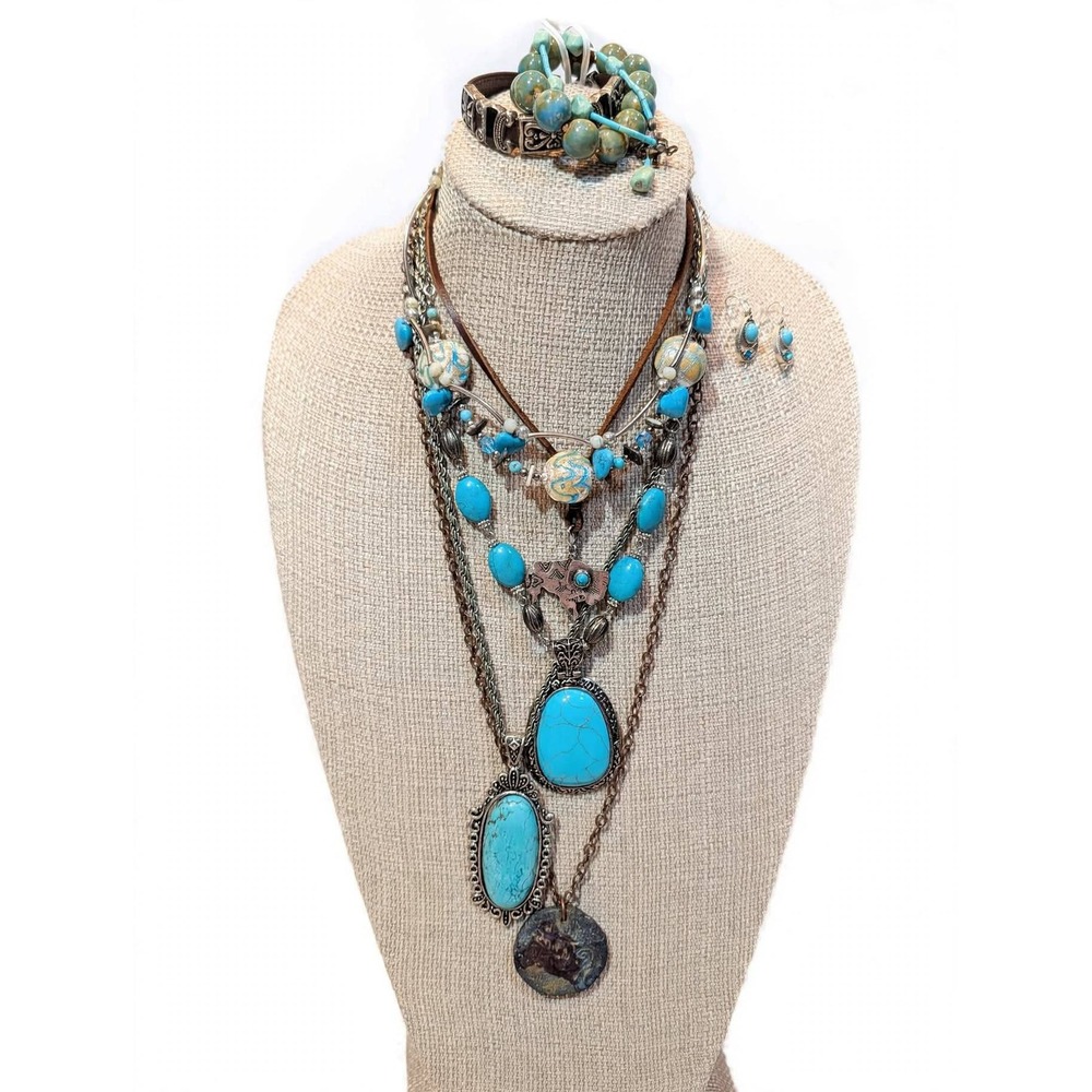 Southwestern Faux Turquoise Jewelry Lot 10pc - Boho Western Necklaces Bracelets